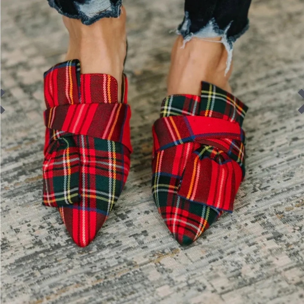 Mint Julep Under The Tree Red Plaid Mules - Picture 2 of 9